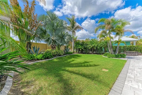 a view of a garden with a fountain