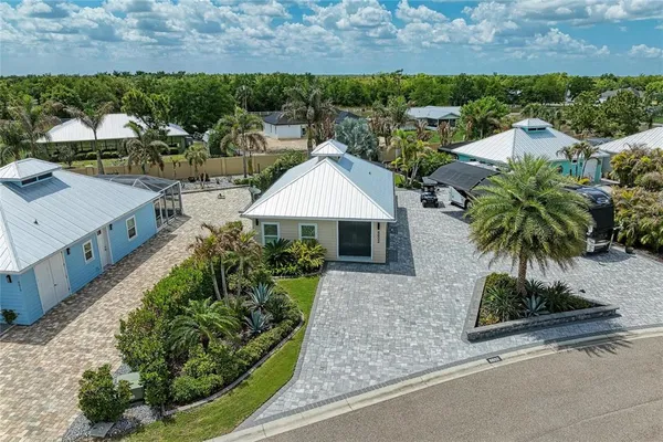 an outdoor space with furniture