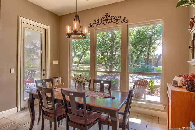 a view of a dining room with furniture window and outside view