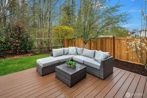 a garden view with a seating space