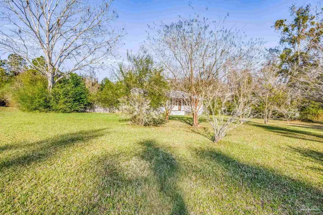 a view of yard with swimming pool and green space
