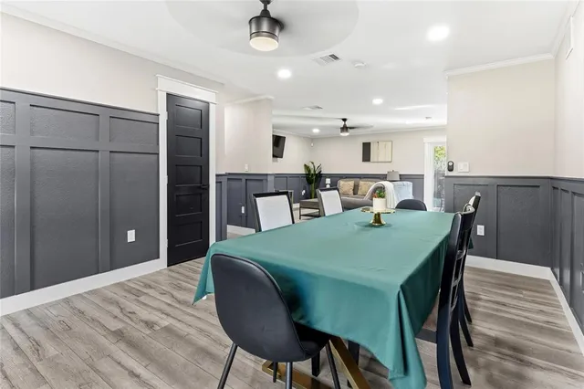 a view of a dining room with furniture