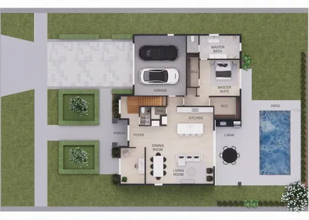 an aerial view of a kitchen