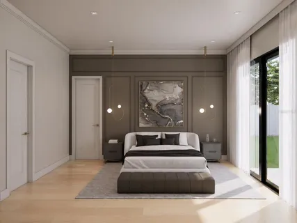 a bedroom with a bed and a mirror