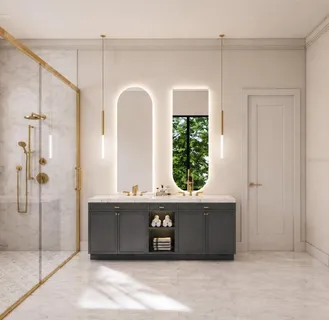 a view of a bathroom with mirror and window