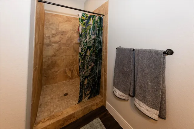 a bathroom with a shower and a toilet