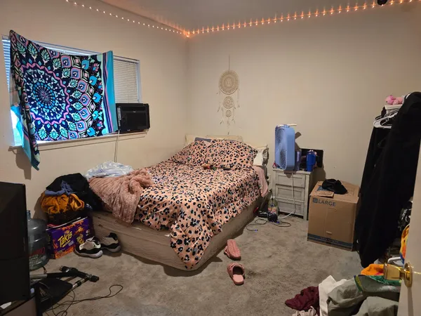 a bedroom with a bed and a couch