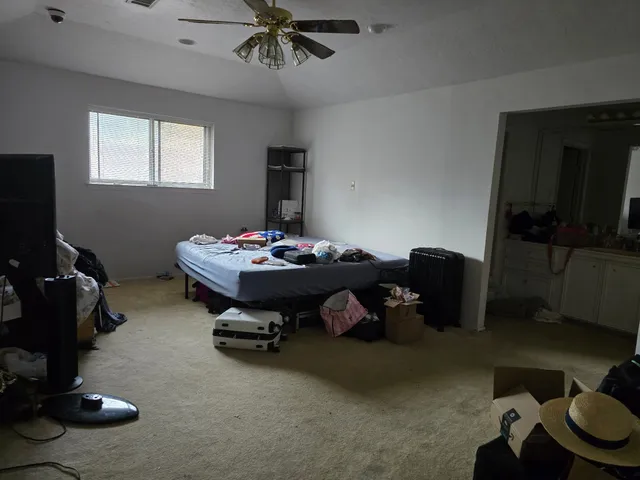 a bedroom with a bed couch and a window