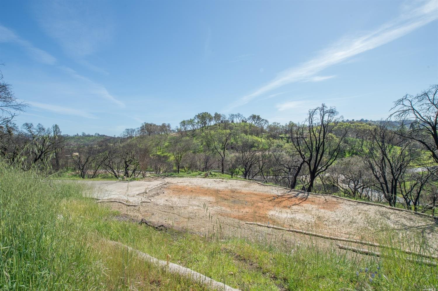 a view of dirt field with trees in the background
