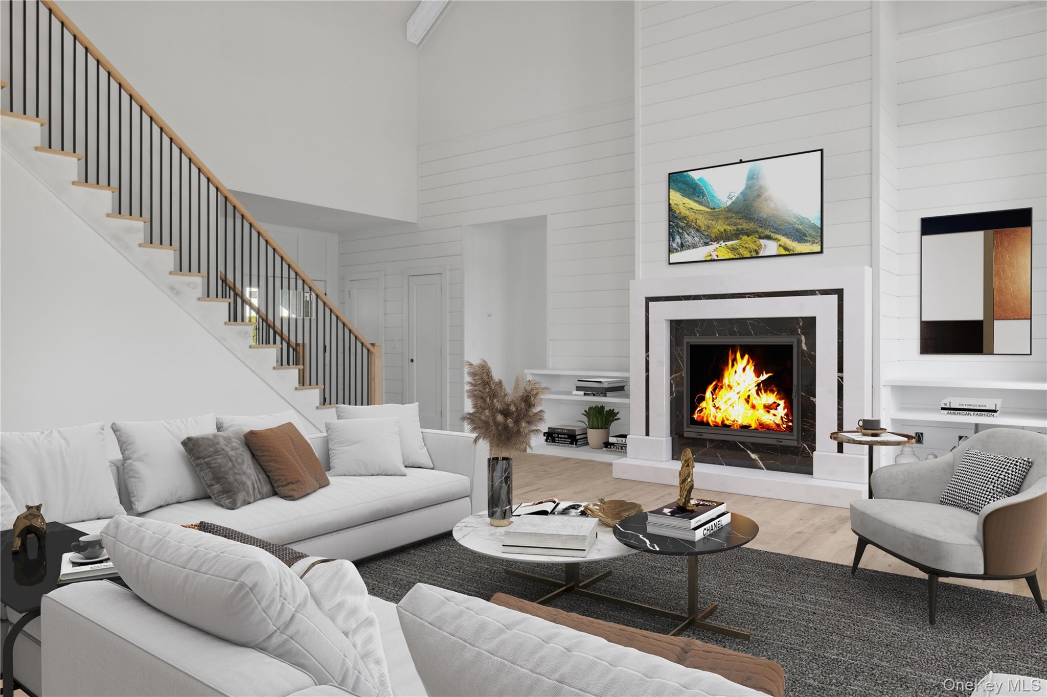 74 Tyler Drive Riverhead, NY 11901 - Photo 3 of 23 Living area featuring a fireplace, wood finished floors, stairs, and high vaulted ceiling