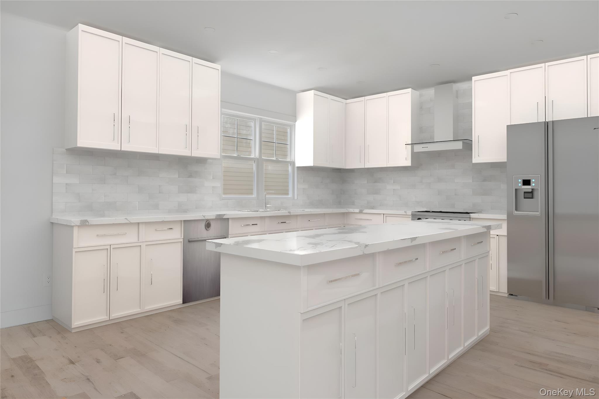 74 Tyler Drive Riverhead, NY 11901 - Photo 6 of 23 Kitchen with wall chimney exhaust hood, stainless steel refrigerator with ice dispenser, a center island, and backsplash