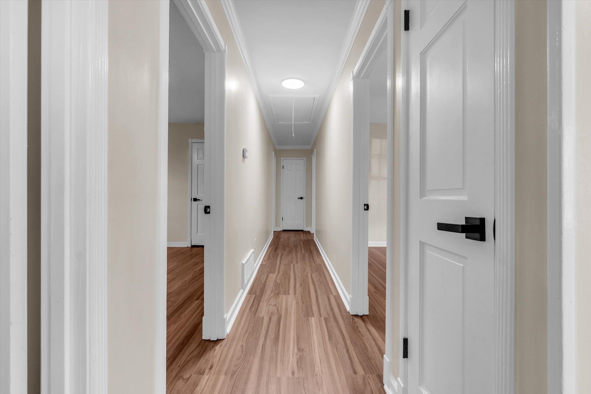 5509 Rappahannock Drive Memphis, TN 38134 - Photo 27 of 27 Hallway featuring wood-finish flooring, light neutral wall paint, white trim, and white paneled doors with black hardware