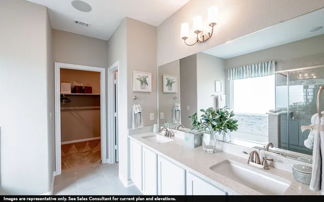 a bathroom with a sink double vanity and a mirror