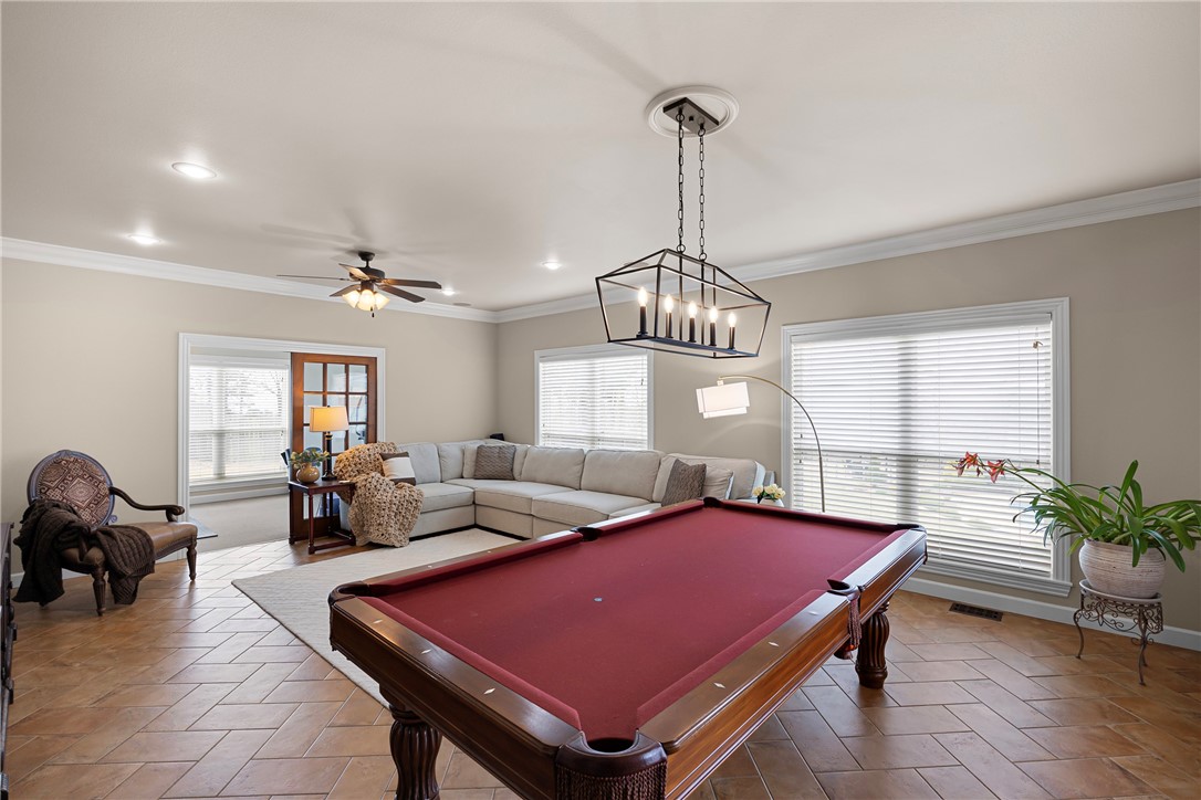 788 Cliff Road Russellville, AR 72802 - Photo 28 of 60 Recreation room featuring billiards, a ceiling fan, ornamental molding, and recessed lighting