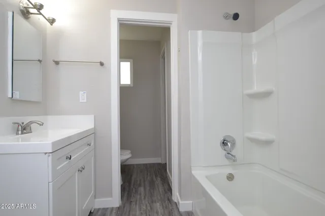 a bathroom with a tub sink vanity and a mirror