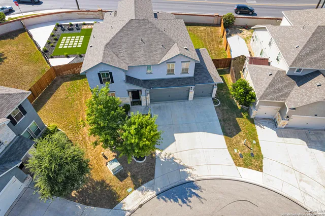 an aerial view of a swimming pool
