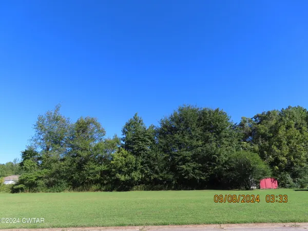 a view of a field of grass and trees