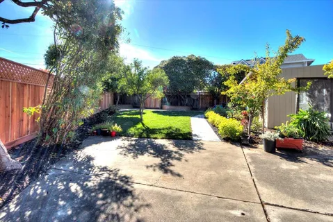 a view of a backyard with plants and patio