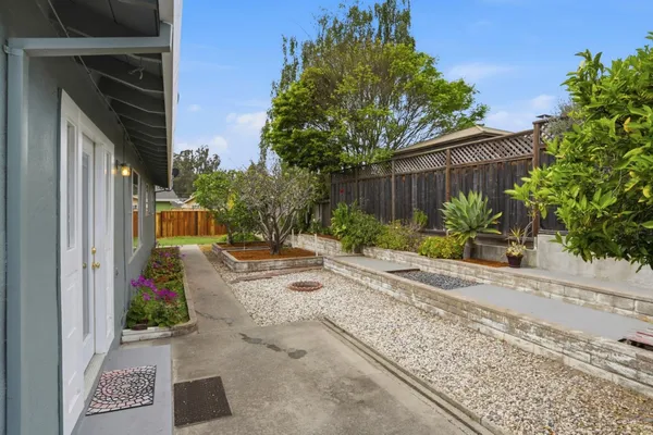 a view of a backyard with plants and a patio