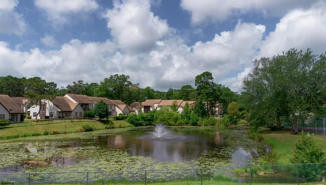 a view of a lake with houses in the back