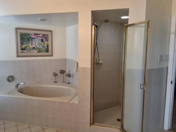 a bathroom with a tub and shower