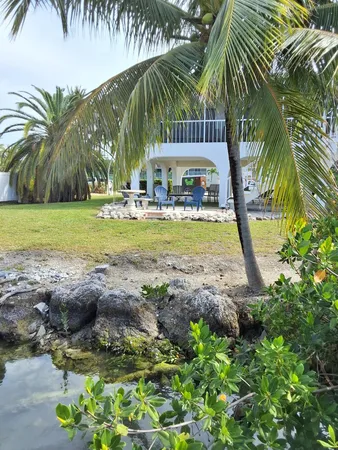 a view of a swimming pool with a garden and patio