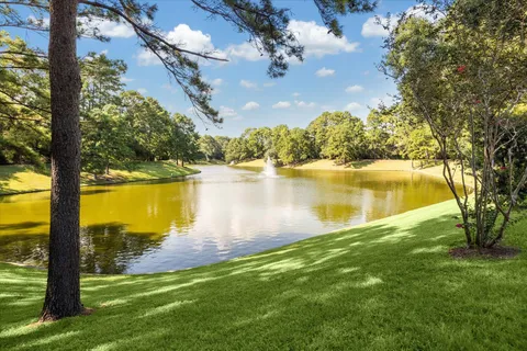 a view of a yard with fountain in front of yellow house