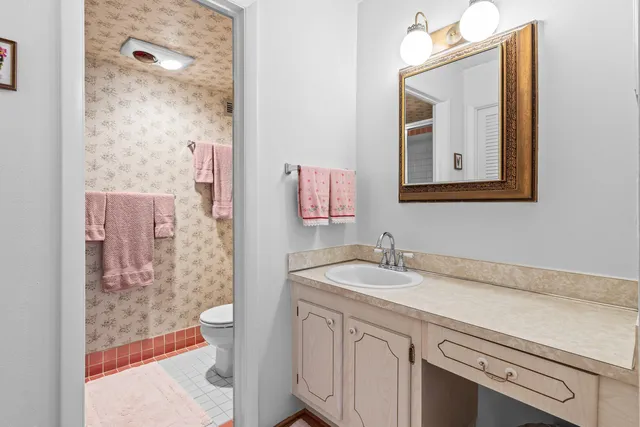 a bathroom with a sink vanity and a mirror