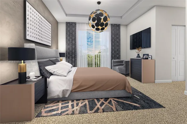 a bedroom with a bed and a flat tv screen on dresser