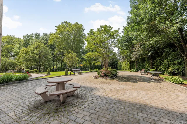 a view of a backyard with a bench and trees