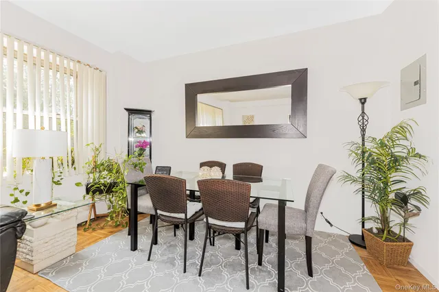 a view of a dining room with furniture and a potted plant