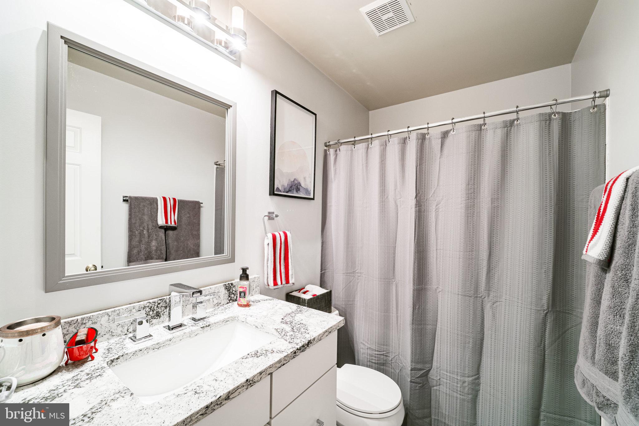 7510 Ashby Lane, Unit J Alexandria, VA 22315 - Photo 30 of 53 a bathroom with a sink a toilet a mirror and shower curtain