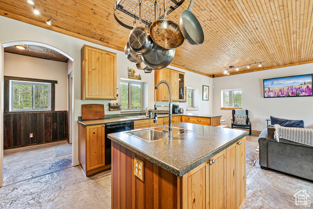 2029 West Tollgate Road Coalville, UT 84017 - Photo 43 of 43 Kitchen featuring track lighting, a center island with sink, wood ceiling, dark countertops, and open floor plan