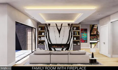 a living room with a large window and chandelier