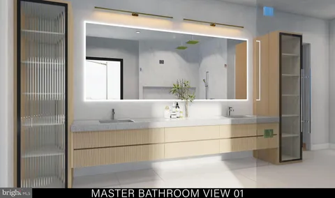 a bathroom with a tub sink and mirror