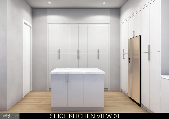 a view of kitchen with refrigerator sink