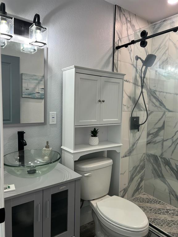 13246 4th Street East Madeira Beach, FL 33708 - Photo 15 of 23 a bathroom with a granite countertop sink a toilet and shower