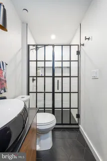 a bathroom with a toilet and a shower