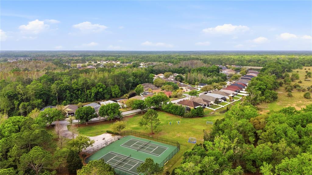 5856 Count Turf Lane Wesley Chapel, FL 33544 - Photo 56 of 57 an aerial view of residential houses with outdoor space and trees
