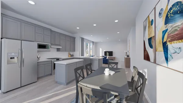 a view of a hallway with wooden floor and dining room