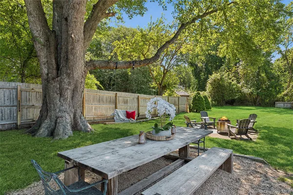 an outdoor space with furniture and garden