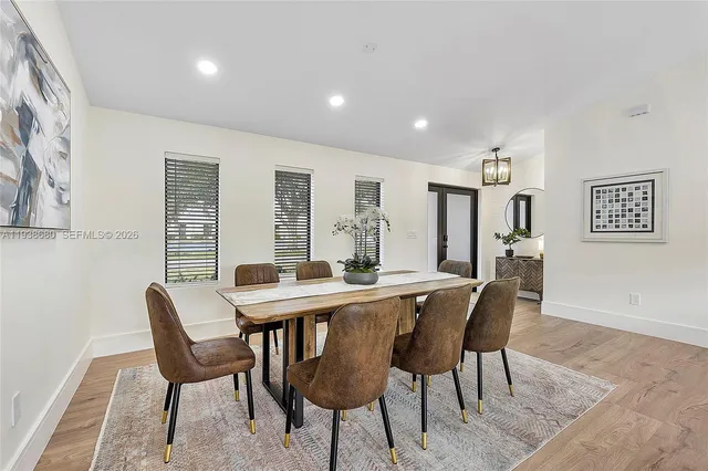 a view of a dining room with furniture window and wooden floor