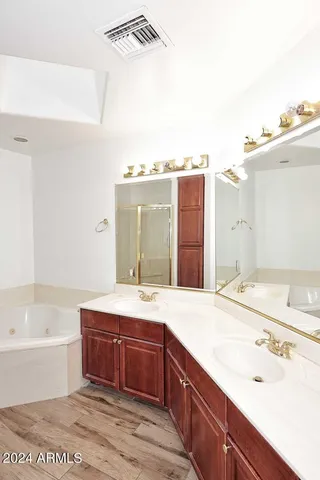 a bathroom with a bathtub sink and mirror