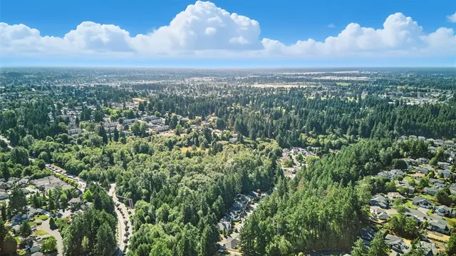 an aerial view of residential houses with outdoor space and trees