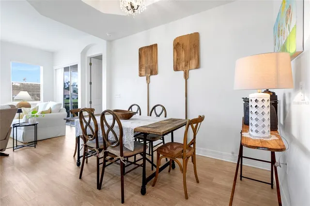 a view of a dining room with furniture kitchen and wooden floor