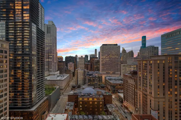 a city view with tall buildings