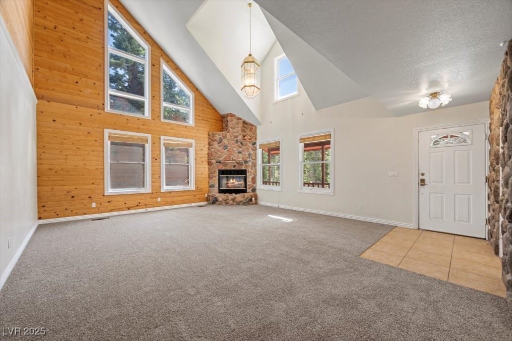 360 Echo Road Mount Charleston, NV 89124 - Photo 4 of 75 This spacious home boasts a light-filled interior w/vaulted ceilings, natural pine wood accents + a cozy fireplace w/river rock stone surround.