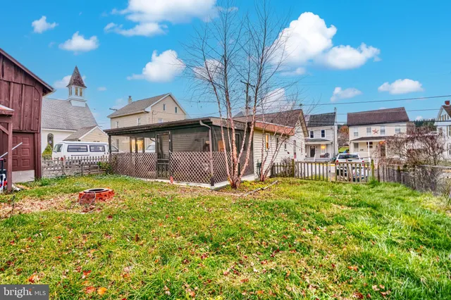 a backyard of a house with table and chairs