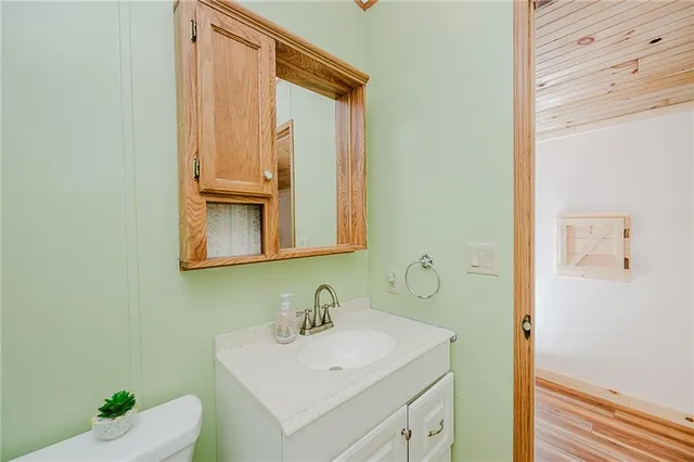 a bathroom with a sink vanity and a mirror