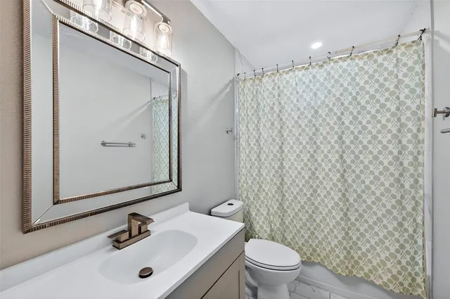 a bathroom with a sink a toilet and shower curtain
